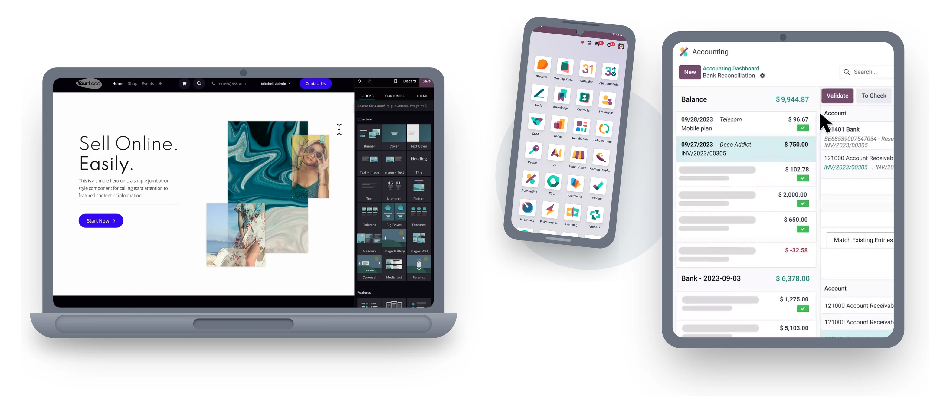 Odoo interfeysi kompyuter, telefon va planshetda